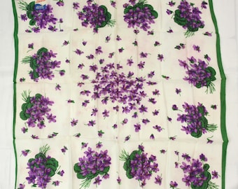 Pañuelo vintage repelente al agua con estampado floral lila, estilo años 50, fabricado en Japón. Medidas: 66 cm (26 pulgadas).