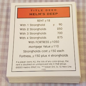 Cartes de propriété de monopole du Seigneur des anneaux - monopole de cartes de titre de propriété - cartes de propriété de monopole - jeu LotR vintage - jeu de remplacement