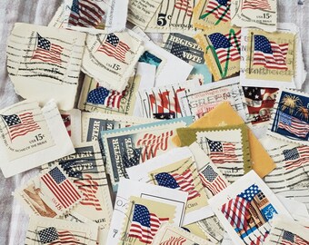 50 American Flag Vintage Postage Stamps - Stamp Bulk Lot - Stamp Ephemera - US Stamps - Stamp Craft - Stamp Scrapbooking