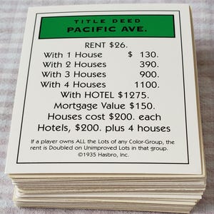 Lot de cartes de propriété de monopole vintage, plusieurs jeux - cartes de titre de propriété pour le monopole - jeu de monopole vintage - créations de jeux de société