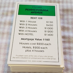Lot énorme de cartes de propriété du monopole, plusieurs jeux - cartes de titre de propriété pour le monopole - artisanat de jeu de monopole - artisanat de jeu de société - jeu de société à faire soi-même