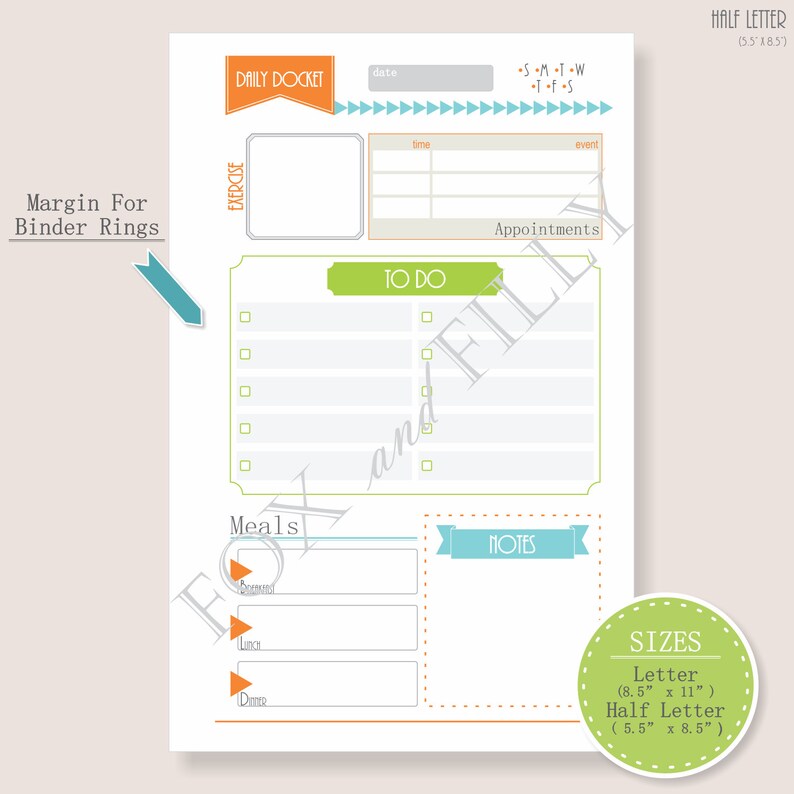 Printable Daily Docket Letter &amp; Half Letter Size PDF - Etsy