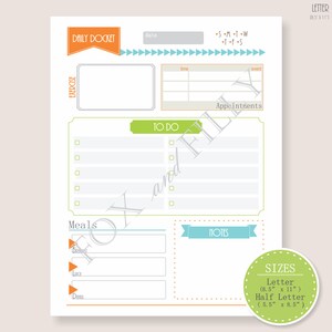 May include: A printable daily planner page with sections for exercise, appointments, to-do lists, meals, and notes. The design includes orange, green, and blue accents, with a size guide for Letter (8.5" x 11") and Half Letter (5.5" x 8.5") sizes.