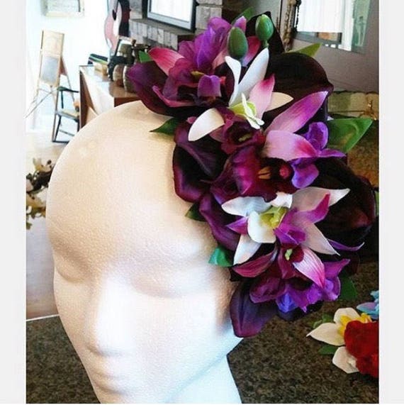 Tiki Vamp Pinup Hair Flower Half Crown With Deep Purple Etsy
