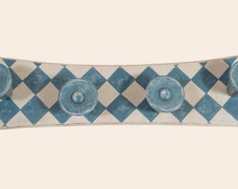 Vintage Style Wall Coat Rack – Hand Painted Wooden Hook Rack, Blue Harlequin Pattern, Unique Entryway Decor, One of a Kind Piece