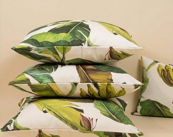 Banana Leaf Botanical Cushion Cover Tropical 100% Cotton Lumbar 12x20 Square 18x18 Mediterranean Home Decor Handmade Spain Singular Flat