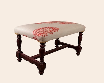 Re-Created Spanish Footstool – Upholstered Wooden Bench, Burgundy Fish Fabric, Vintage Stool, Unique Ottoman, Entryway Bench