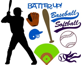 Baseball/Softball Vector Art SVG Files (with Commercial License) - Player, Ball, Baseball Field, Batting Helmet, Bat, Glove, Captions