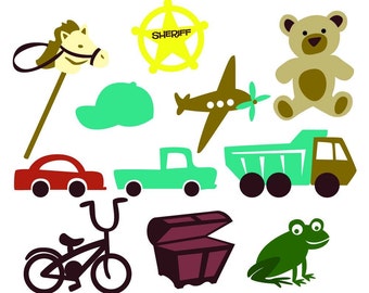 Boy Elements Vector Art SVG Files (with Commercial License) - Baseball Cap, Airplane, Teddy Bear, Car, Truck, Bicycle, Stick Horse, Toy Box