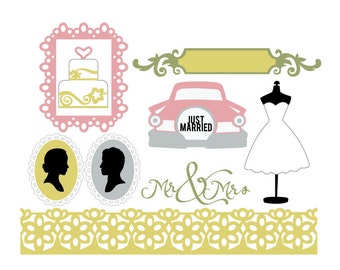 Vintage Wedding Elements Vector Art SVG Files (with Commercial License) - Wedding Cake, Dress Form, Vintage Car, Lace Frame & Border