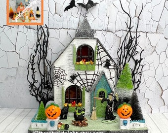 Halloween Putz Spooky Witch  House Green Teal and Black