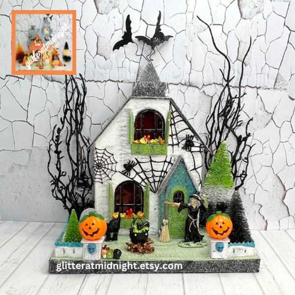 Halloween Putz Spooky Witch  House Green Teal and Black