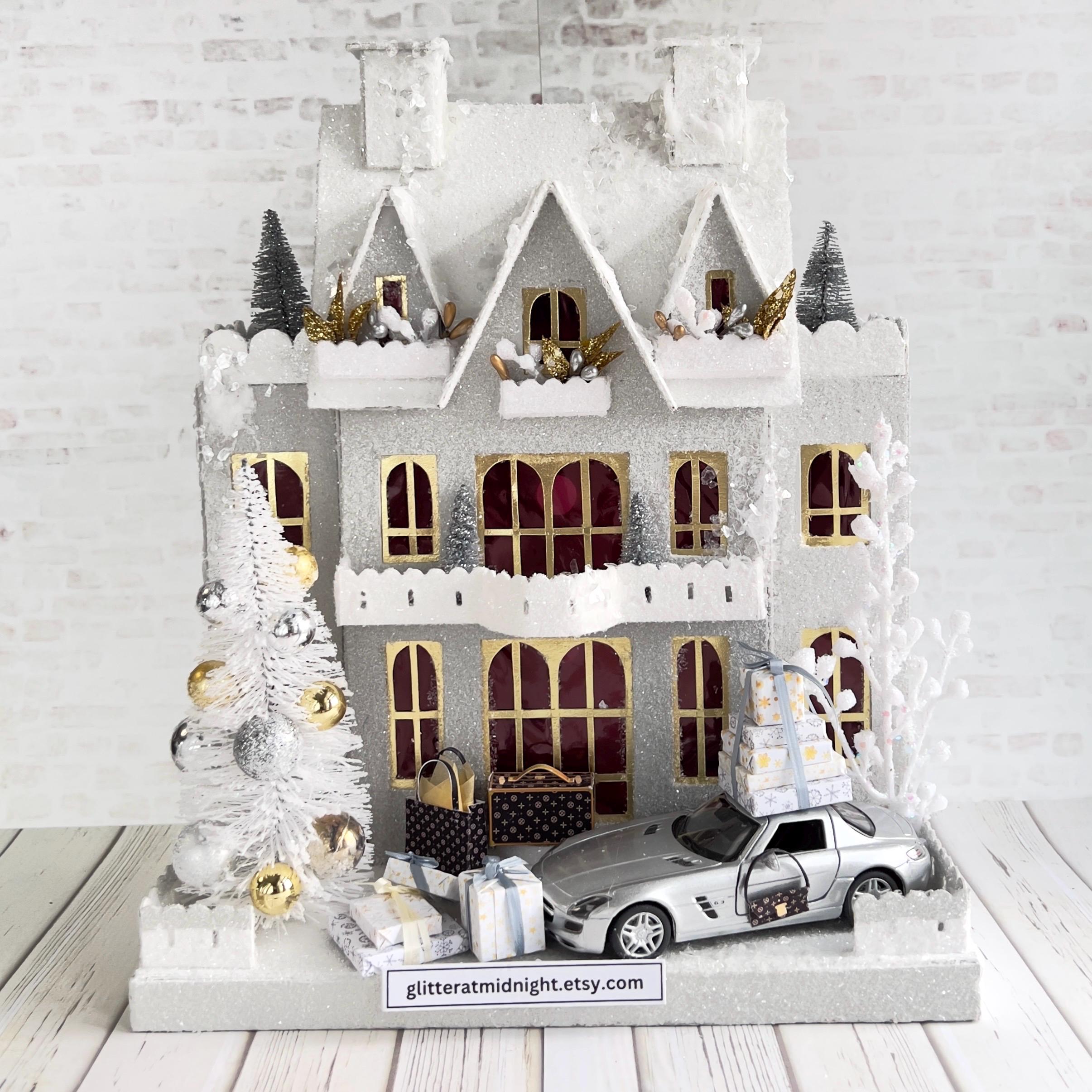 Putz Christmas Glitter House Silver Chateau with Silver Retro Mercedes Model