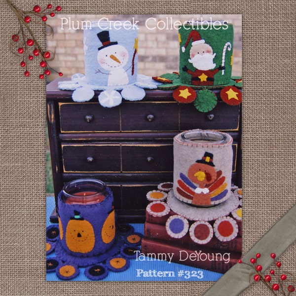 Candle Mat Pattern & Candle Wraps, Wool Felt Penny Rug pattern, Christmas pattern, Thanksgiving, Halloween, Fall decorations snowman pattern