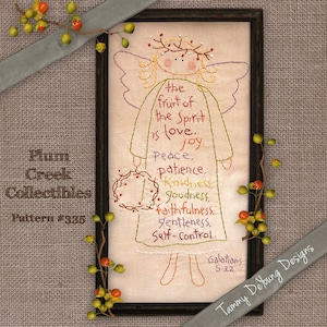 Fruit of the Spirit Embroider yPattern, Bible Verse Embroidery Pattern, Primitive Angel Stitchery pattern,  Scripture for hand stitching.