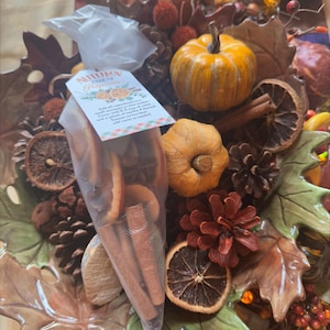 Puede incluir: Una bolsa de plástico transparente llena de palitos de canela y rodajas de naranja secas. La bolsa está etiquetada con "Autumn Stove Top Happiness" y tiene una pequeña ilustración de naranjas y palitos de canela. La bolsa está sentada en un plato decorativo con decoraciones de otoño, incluyendo piñas, calabazas y hojas secas.