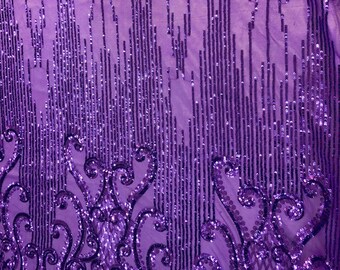 Purple Alta Striped Damask Sequins Lace Wedding Prom Formal Fabric - Sold By The Yard