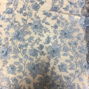 Baby Blue 3D Embroidered Satin Floral Pearl Wedding Prom Formal Lace Fabric - Sold By The Yard