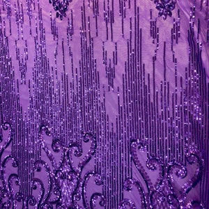 Purple Alta Striped Damask Sequins Lace Wedding Prom Formal Fabric - Sold By The Yard