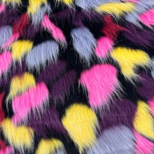 Pink | Purple | Gray | Yellow Puzzled Multicolor Apparel Home Decor Faux Fur Fabric - Sold By The Yard - 60&quot;