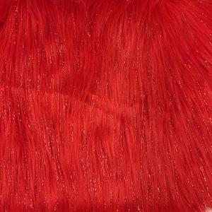 Red Tinsel Sparkle Glitter Long Pile Shaggy Faux Fur Fabric - Sold By The Yard - 60&quot;