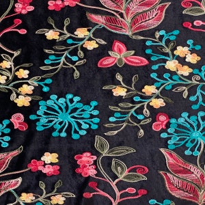 Rose Pink Blue Multicolor Briony Floral Embroidered Stretch Velvet Apparel Costume Fabric - Sold By The Yard - 52"