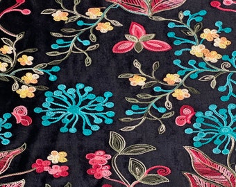 Rose Pink Blue Multicolor Briony Floral Embroidered Stretch Velvet Apparel Costume Fabric - Sold By The Yard - 52"