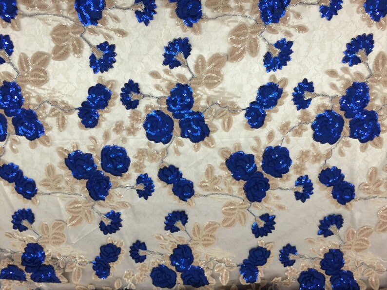 Beige Royal Blue Rose Floral Mesh Sequin Lace Fabric 51 52 Sold By The Yard