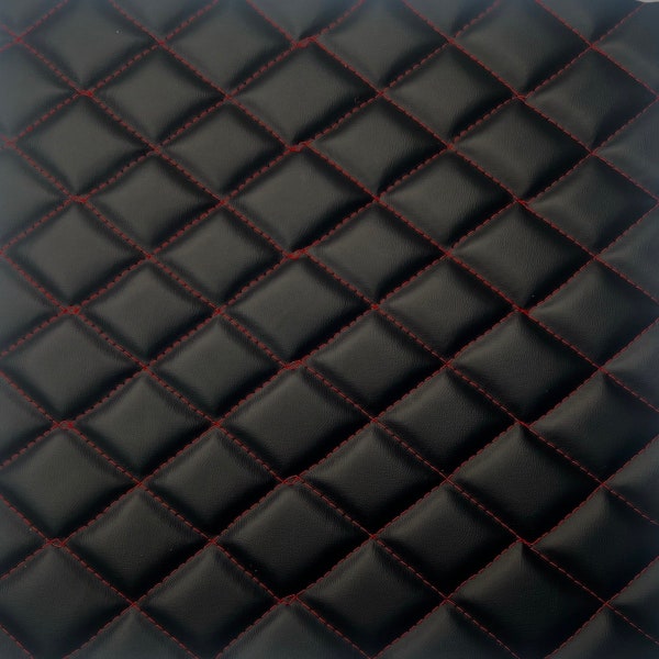 Red | Black Diamond Quilted Foam Backed Faux Leather Automotive Upholstery Vinyl Fabric - Sold By The Yard