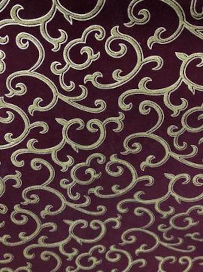 60 Sold By The Yard Burgundy Gold Chain Link Flocking Velvet Drapery Upholstery Fabric
