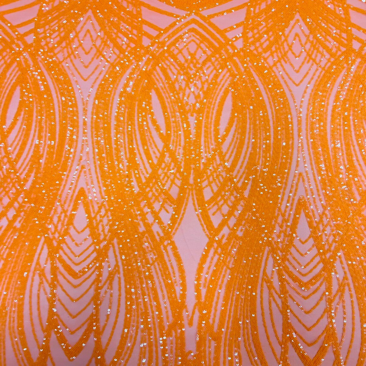 Tangerine Orange Selena Wave Stretch Sequins Prom Couture Cocktail Lace Fabric - Sold By The Yard