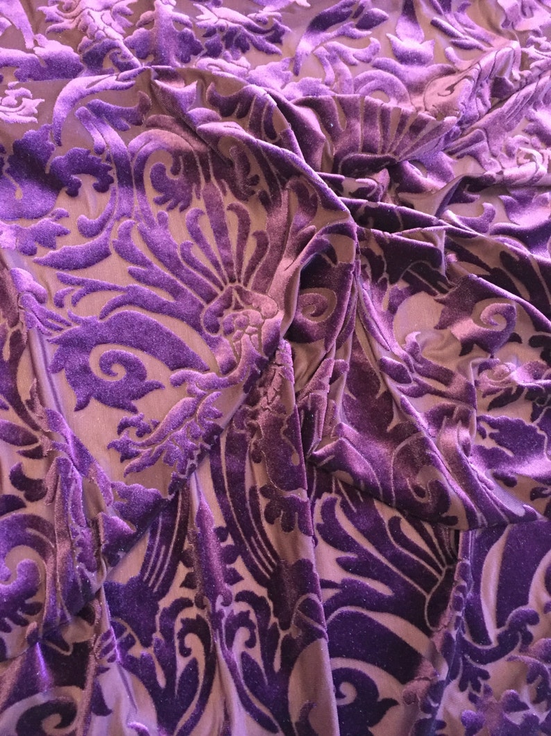 Purple Damask Burnout 4 Way Stretch Velvet Fabric Sold By | Etsy