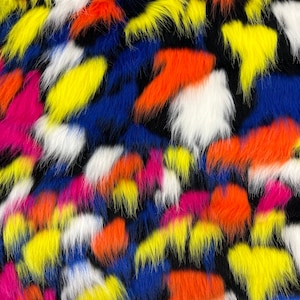 Blue | Orange | Yellow | White Puzzled Multicolor Apparel Home Decor Faux Fur Fabric - Sold By The Yard - 60&quot;