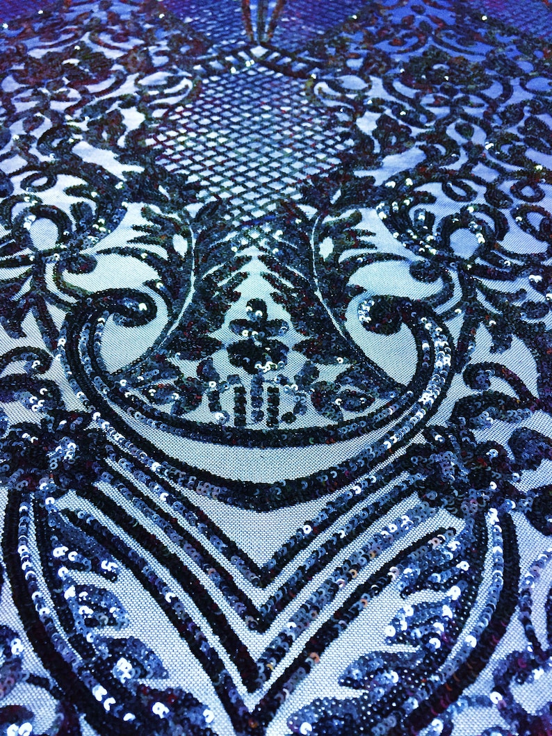 Sold By The Yard Navy Blue Chantal Deluxe 4 Way Stretch Nylon Spandex Wedding Prom Formal Sequin Fabric