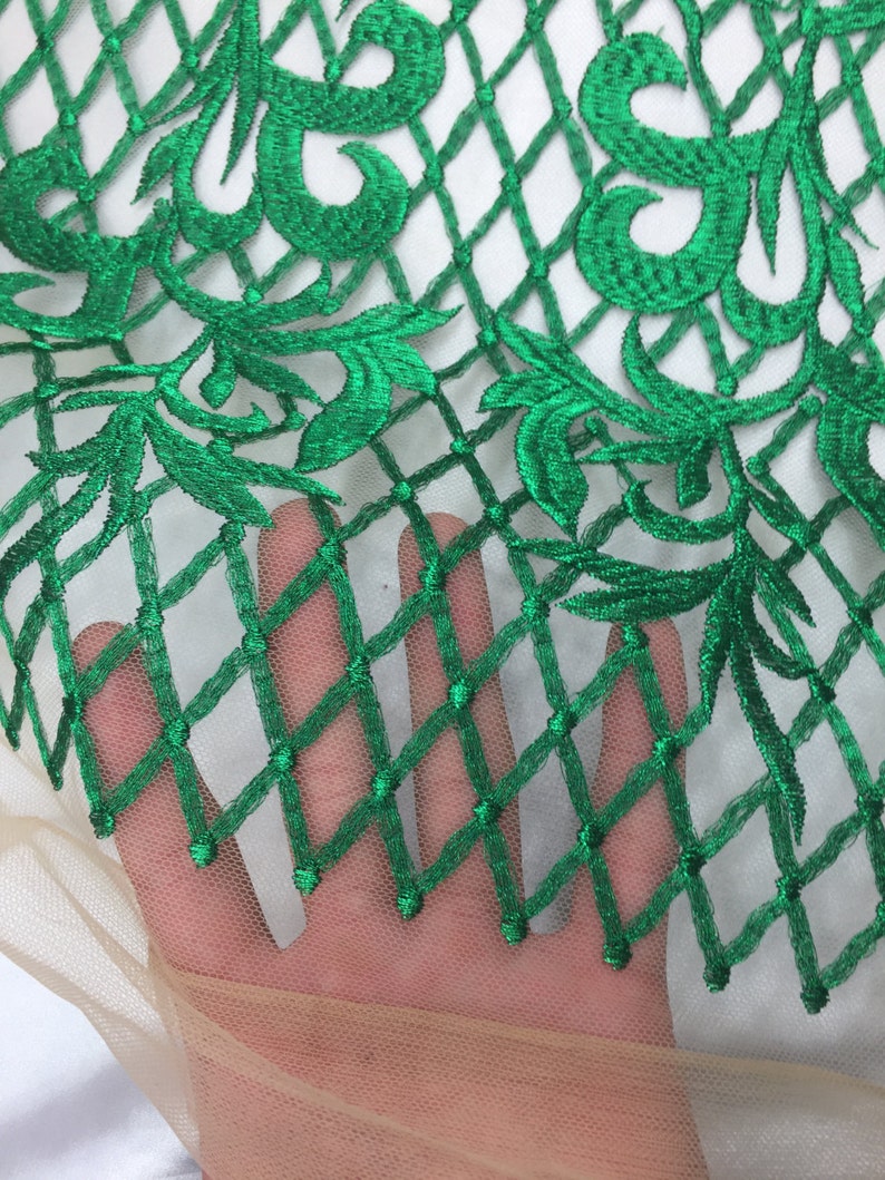 Diamond Jon Nude Mesh Embroidered Metallic Thread BTY 60 Green image 3