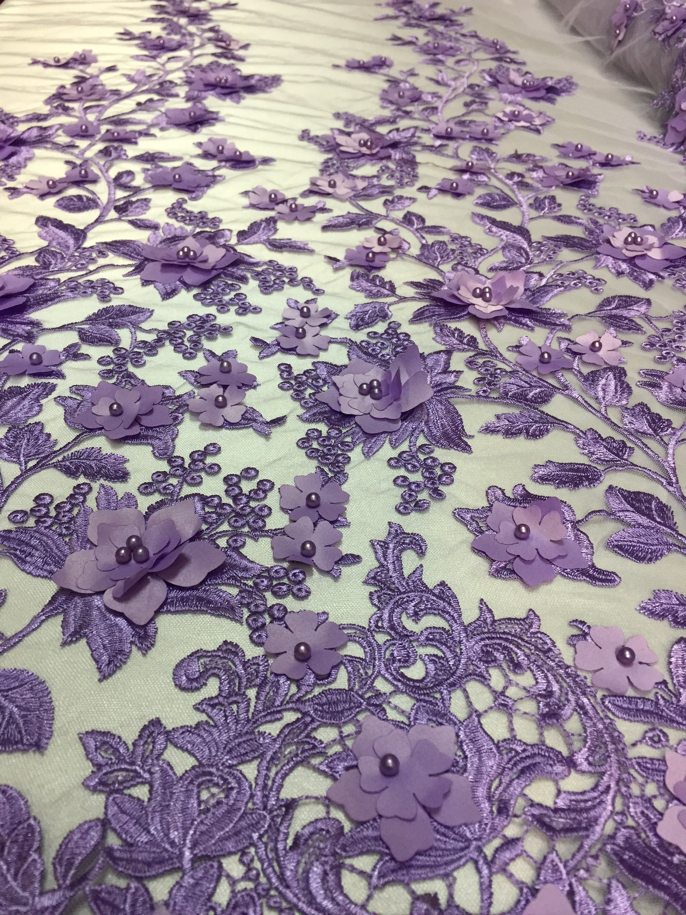 Lavender 3D Embroidered Satin Floral Pearl Wedding Prom Formal Lace ...