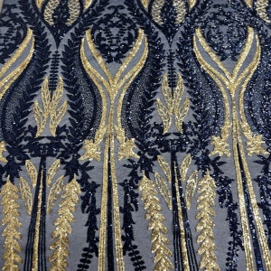 Navy Blue | Gold Alina Damask Sequins Lace Couture Fabric - Sold By The Yard
