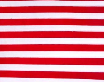 May include: A textile fabric featuring a repeating pattern of horizontal stripes in vibrant red and crisp white. The stripes are of uniform width, creating a clean, linear design across the entire surface of the material.