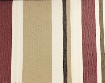 Waterproof Striped Canvas Fabric – Burgundy, Khaki, and White, Outdoor Upholstery, Sold by the Yard