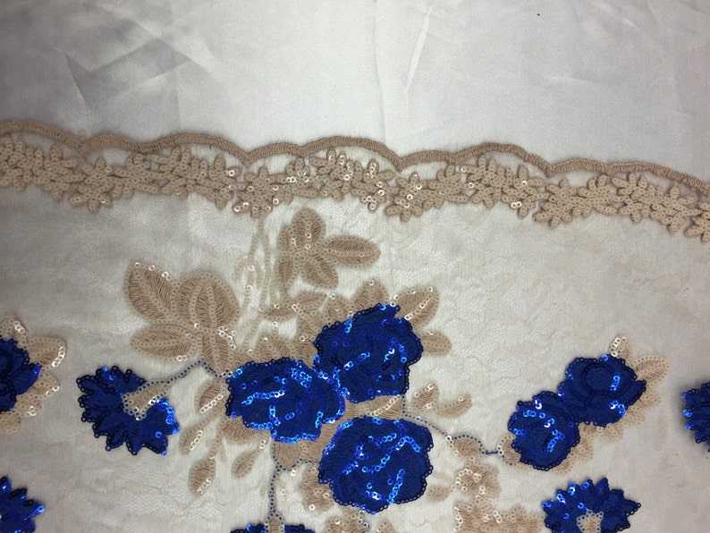 Beige Royal Blue Rose Floral Mesh Sequin Lace Fabric 51 52 Sold By The Yard