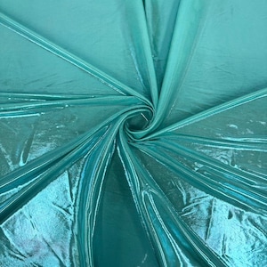 Aqua Blue Metallic Stretch Lurex Foil Shimmer ITY Apparel Costume Dance Wear Spandex Fabric - Sold By The Yard