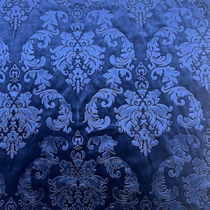 Royal Blue Damask Embossed Velvet Upholstery Drapery Fabric - Sold By The Yard - 55"