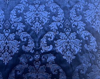 Royal Blue Damask Embossed Velvet Upholstery Drapery Fabric - Sold By The Yard - 55"