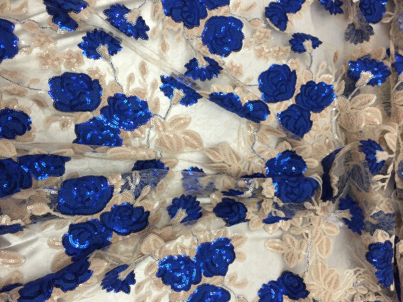 Beige Royal Blue Rose Floral Mesh Sequin Lace Fabric 51 52 Sold By The Yard
