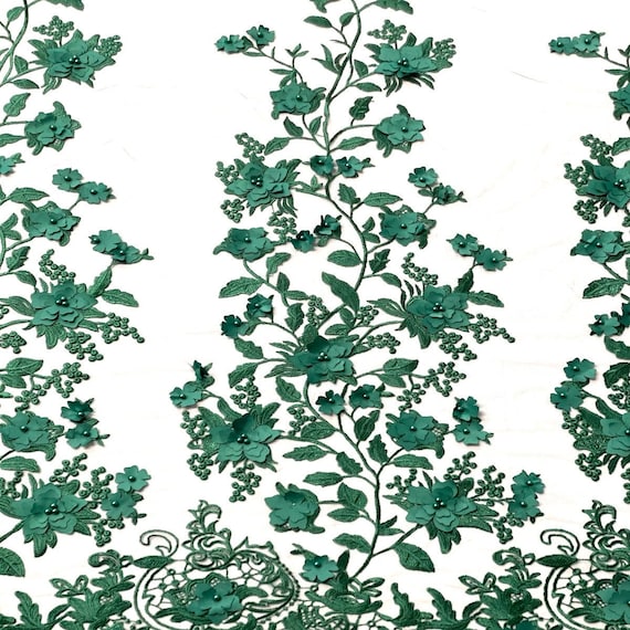 Hunter Green 3D Embroidered Floral Lace Fabric with Pearls – Formal & Wedding