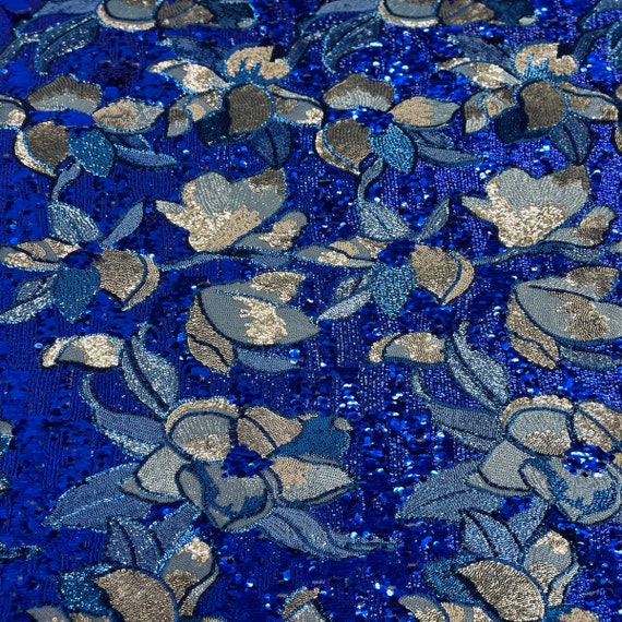 Royal Blue Giselle Multicolor Floral Sequins Couture Fabric - Sold By The Yard
