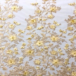 Beige 3D Embroidered Satin Floral Pearl Wedding Prom Formal Lace Fabric - Sold By The Yard