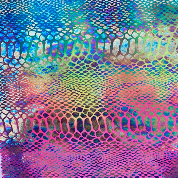 Rainbow Holographic Tie Dye Taipan Snakeskin Nylon Spandex Swimwear Athletic Fabric - Sold By The Yard - 60"