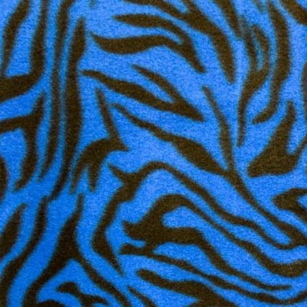 Hemelsblauw zwart zebraprint fleece stof - Verkocht op maat gesneden - 60"