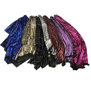 May include: A collection of pleated fabric scarves in various colors, including blue, gold, black, silver, burgundy, purple, and pink.